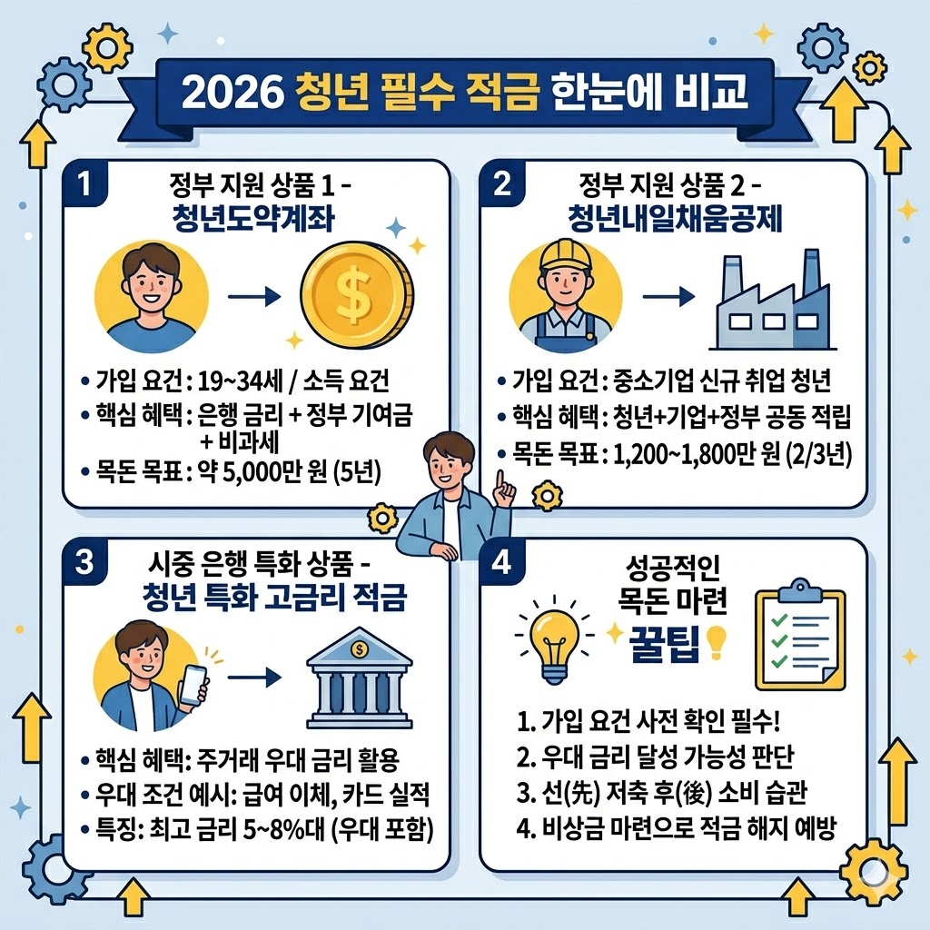 2026년 청년 도약 계좌, 청년 내일 채움 공제, 시중 은행 특화 상품의 가입 요건, 주요 혜택, 목돈 마련 기간을 한눈에 비교하는 요약 인포그래픽