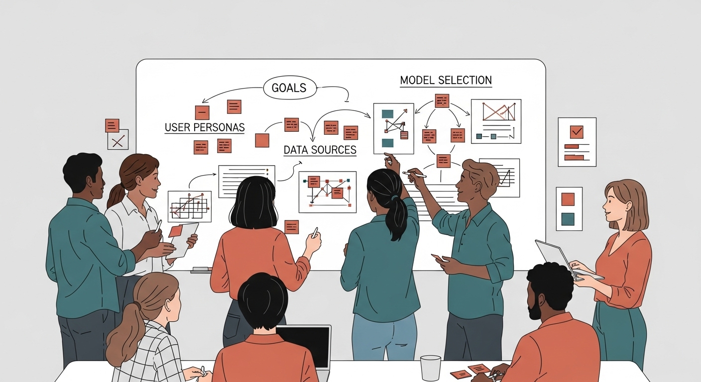 LLM 챗봇 프로젝트의 기획 단계에서 목표 설정, 데이터 준비, 모델 선택 등을 논의하는 팀
