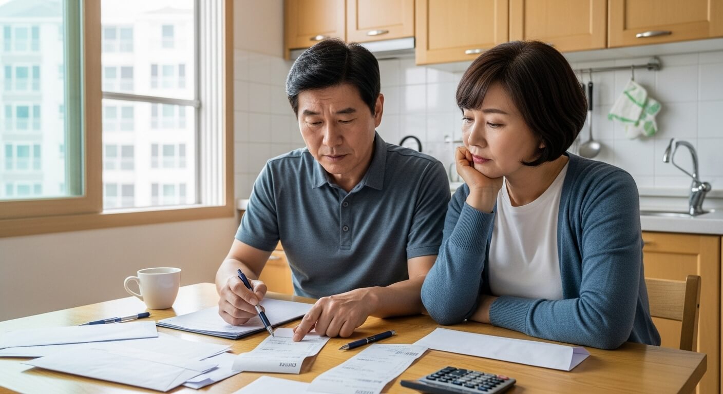 낮 시간대 주방에서 수도요금 명세서를 보는 부부의 모습