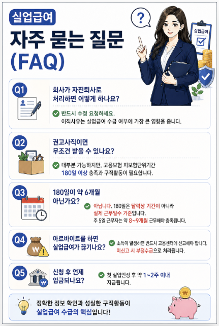 실업급여 FAQ 권고사직 자진퇴사 180일 기준 알바 소득 신고 입금 시기 질문 정리