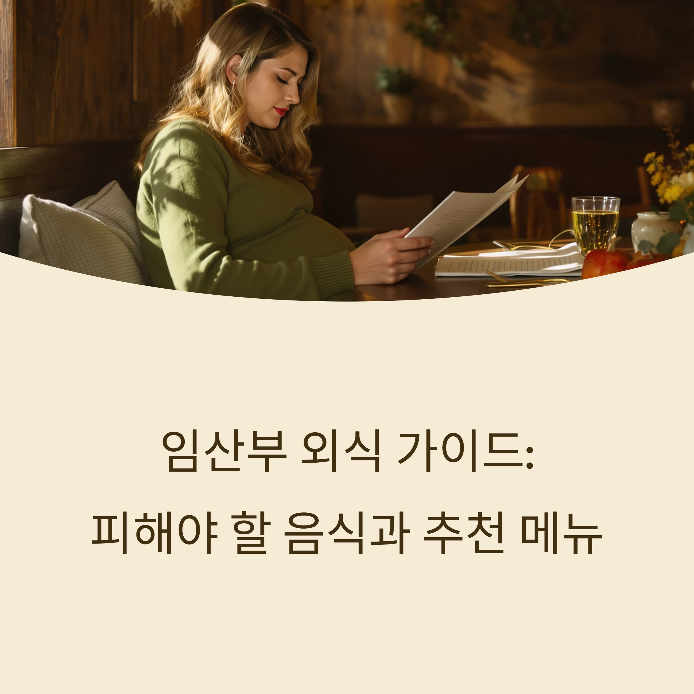 레스토랑에서 메뉴판을 읽는 임산부의 모습과 '임산부 외식 가이드: 피해야 할 음식과 추천 메뉴'라는 문구가 포함된 인포그래픽 커버 이미지