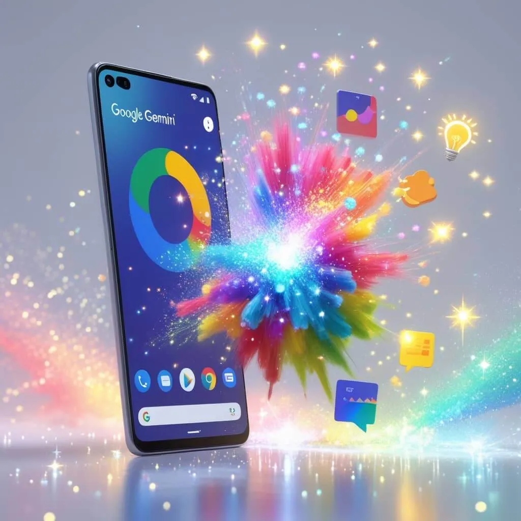 제미나이 사용법: 다양한 제미나이의 기능 사용이 가능한 것을 스마트폰에서 다양한 아이콘이 다양한 색으로 튀어나오는 것으로 상징적으로 표현한 이미지.