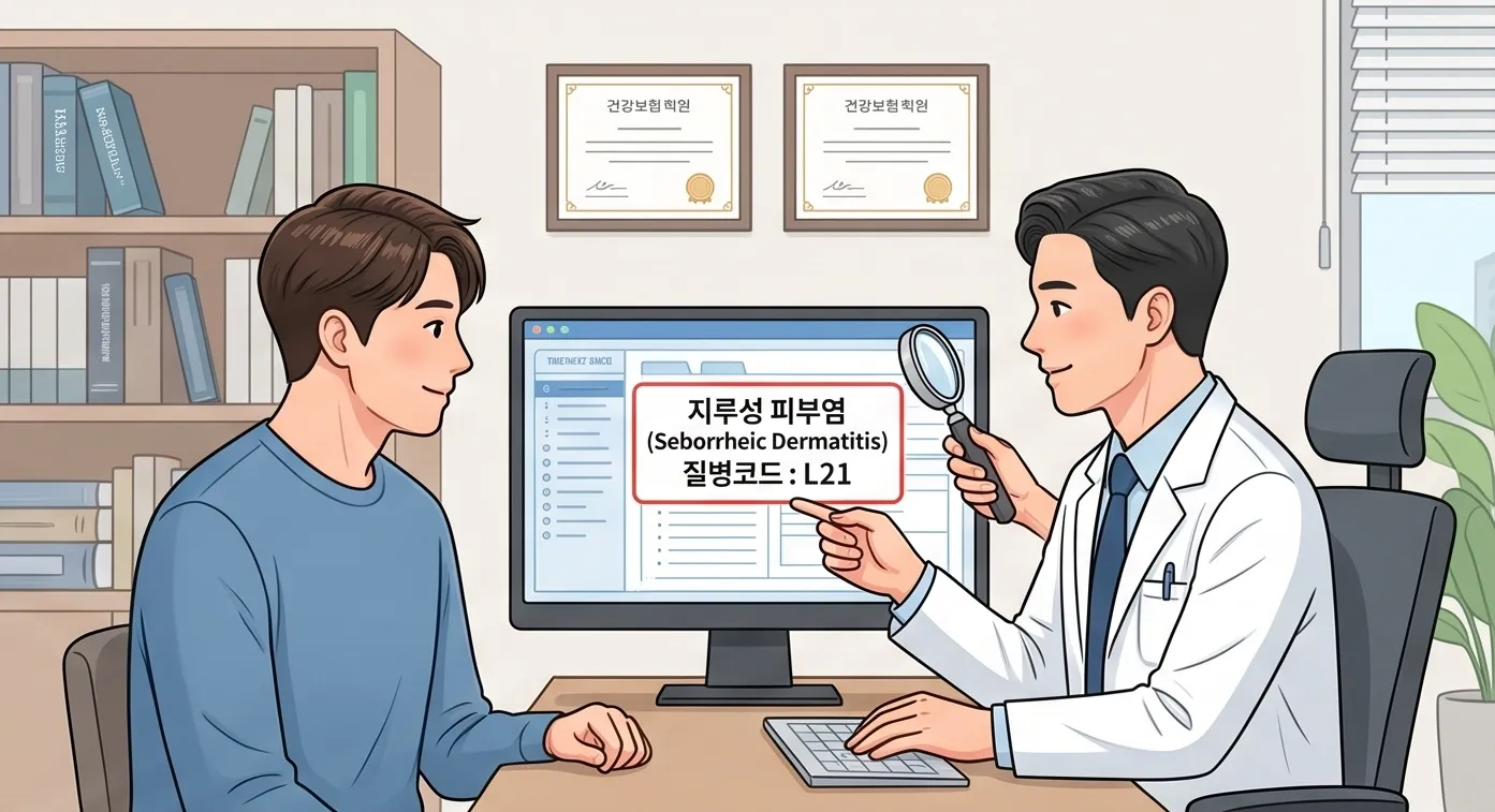 진료실에서 의사가 환자에게 지루성 피부염 질병코드 L21에 대해 설명하는 모습