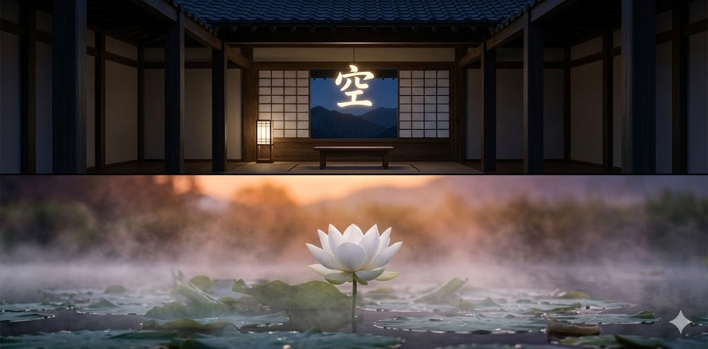 A 2:1 panoramic high-quality image composition. The top half is a tranquil traditional temple room with a floating 'Empty' symbol, and the bottom half is a white lotus blooming in a misty dawn pond.