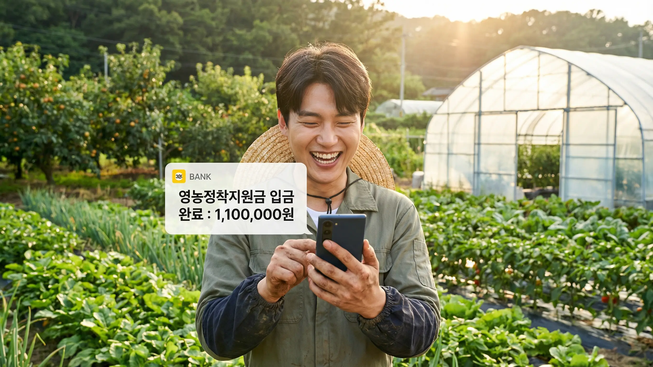 푸른 농장에서 스마트폰으로 매달 입금되는 영농정착지원금을 확인하고 환하게 웃는 청년 농부의 모습
