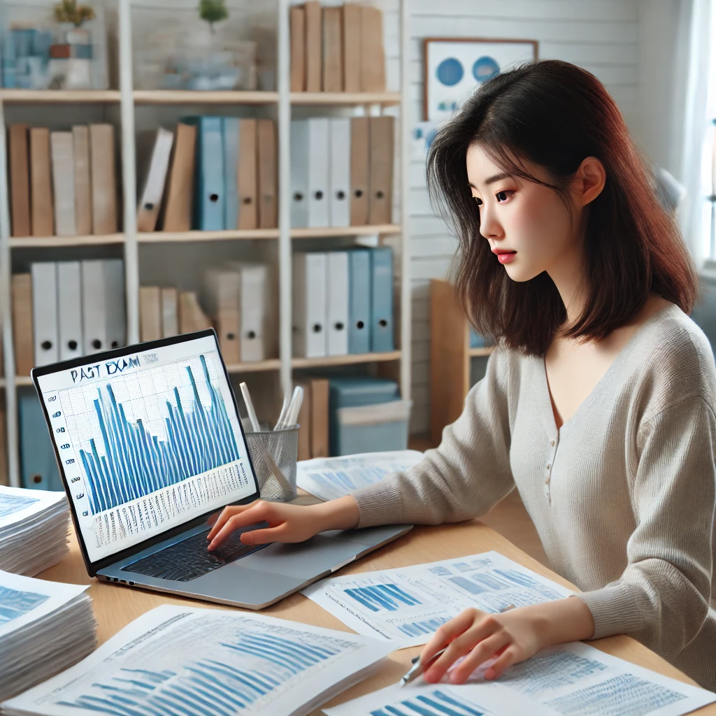 공부방에서 노트북으로 차트를 분석하며 기출문제를 검토하는 젊은 여성