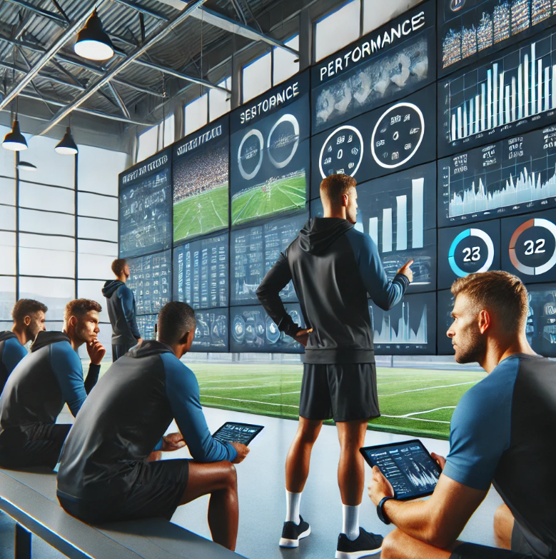 스포츠 데이터를 분석하는 코치와 선수들 이미지