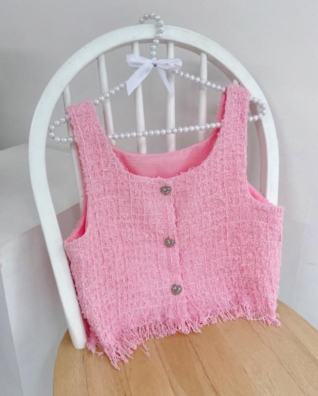 하트단추 민소매 블라우스 트위드 뷔스티에조끼