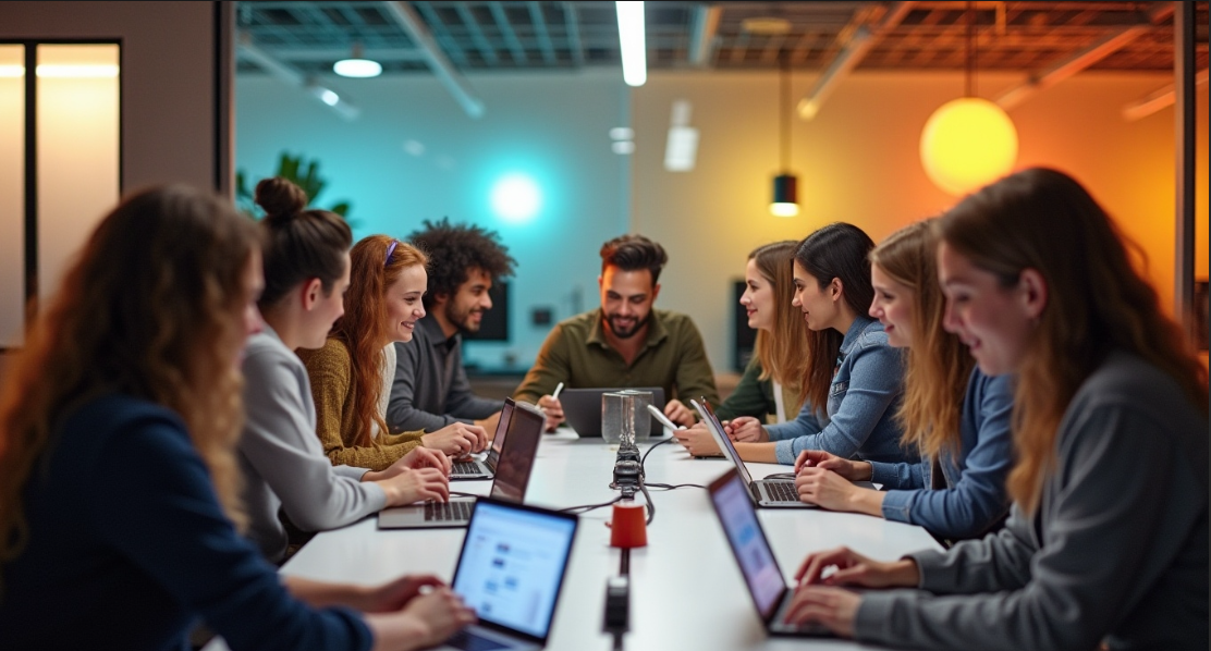 다양한 국적의 사람들이 회의실에서 즐겁게 일하는 이미지