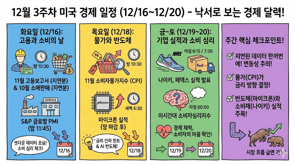 요일별로 정리된 미국 고용, 물가, 기업 실적 발표 일정 인포그래픽