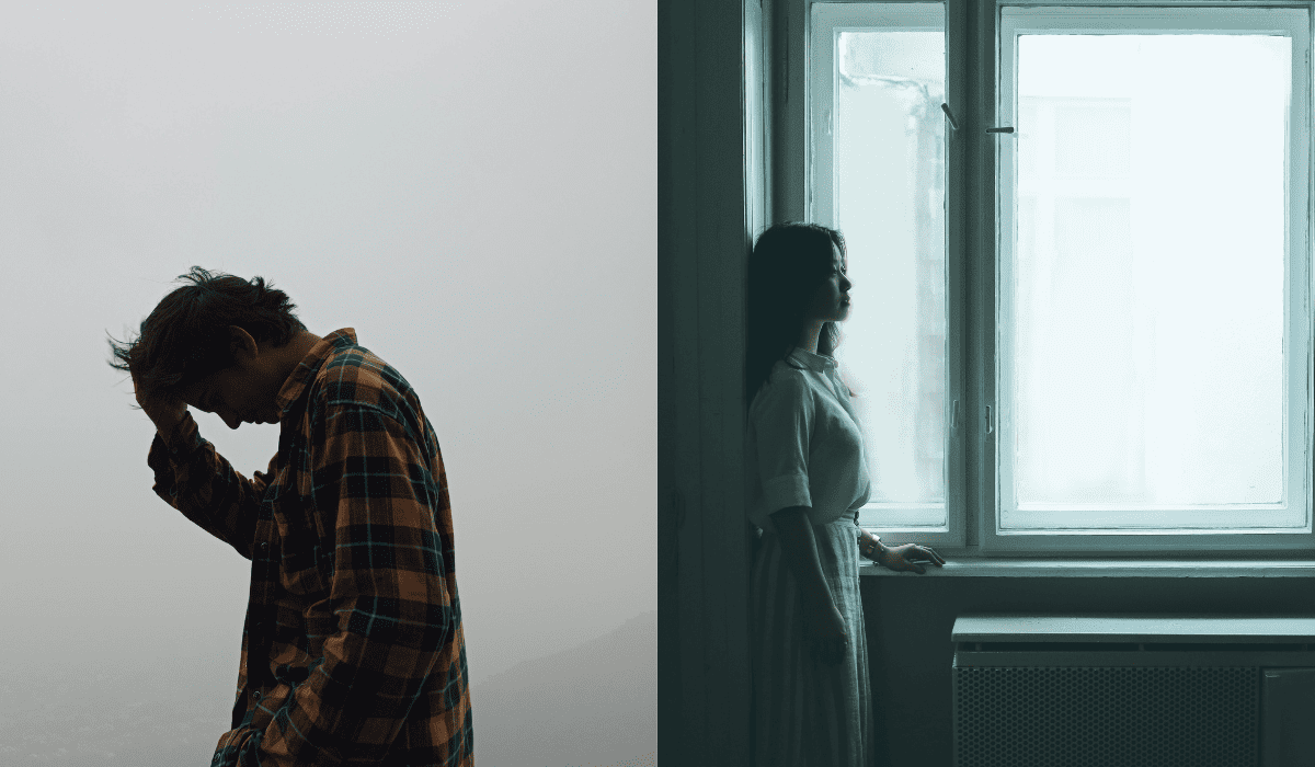 우울함으로 머리를 헝클어뜨리는 남성과 우울한 분위기의 창밖을 바라보는 여성