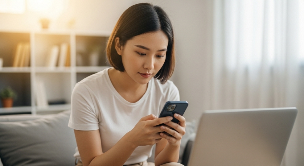 &amp;quot;#소상공인크레딧 챌린지&amp;quot; SNS 화면을 보는 젊은 창업가