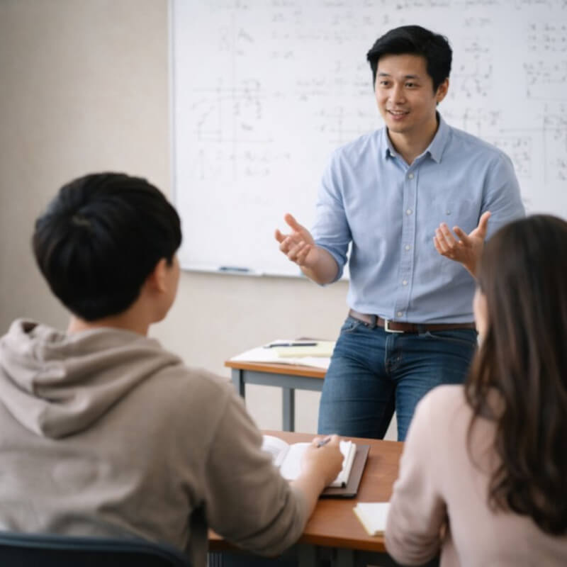 강의 중 학생들이 노트를 보며 질문을 준비하는 학습 장면