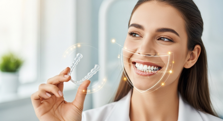 가지런하게 정돈된 치아를 드러내며 환하게 웃는 젊은 성인이 투명 유지장치를 들고 있는 모습. 치아교정 후 평생 미소를 유지하기 위한 유지장치 관리의 중요성을 상징합니다.