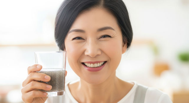 치아씨드 컵을 든 중년 여성의 미소