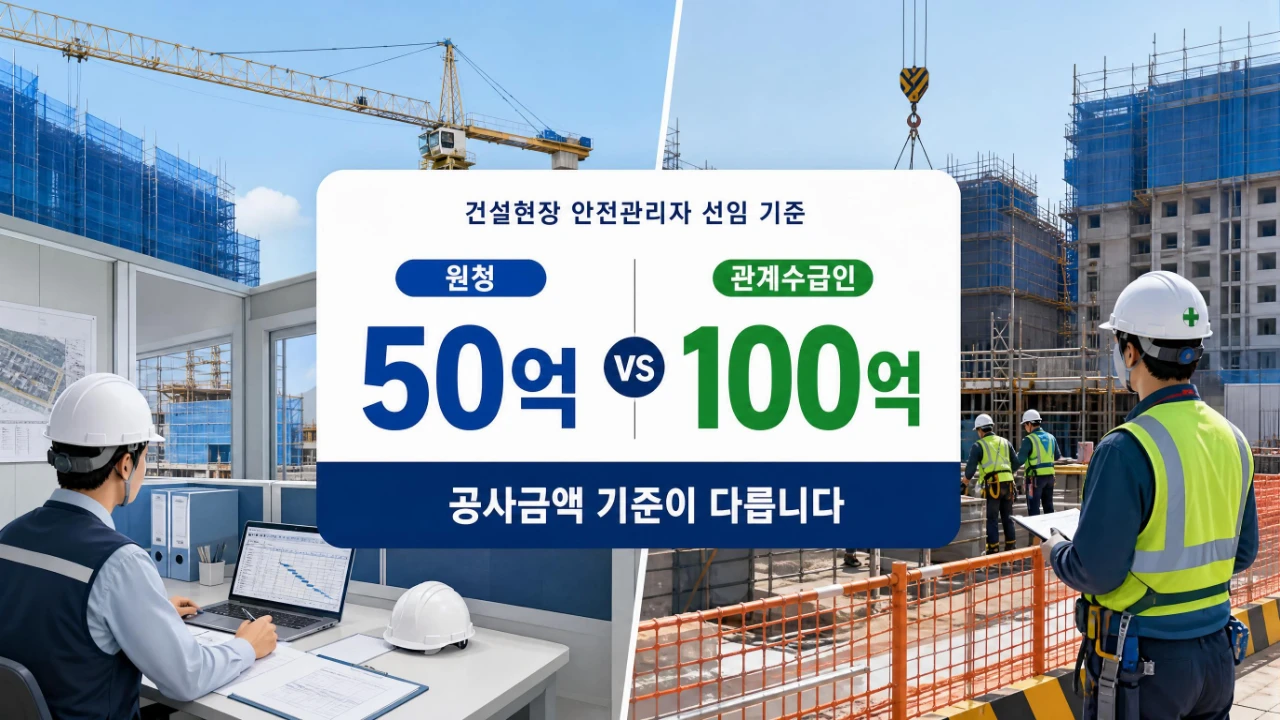 관계수급인 안전관리자 선임 기준과 원청 50억 관계수급인 100억 공사금액 기준 비교