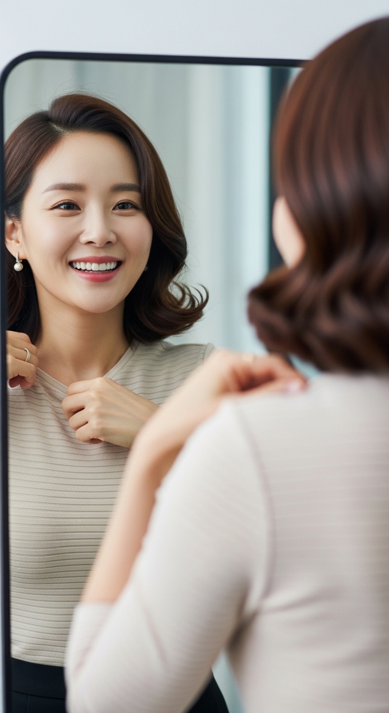 거울을 보며 마지막으로 옷매무새를 정리하고 환하게 웃고 있는 여성의 상반신