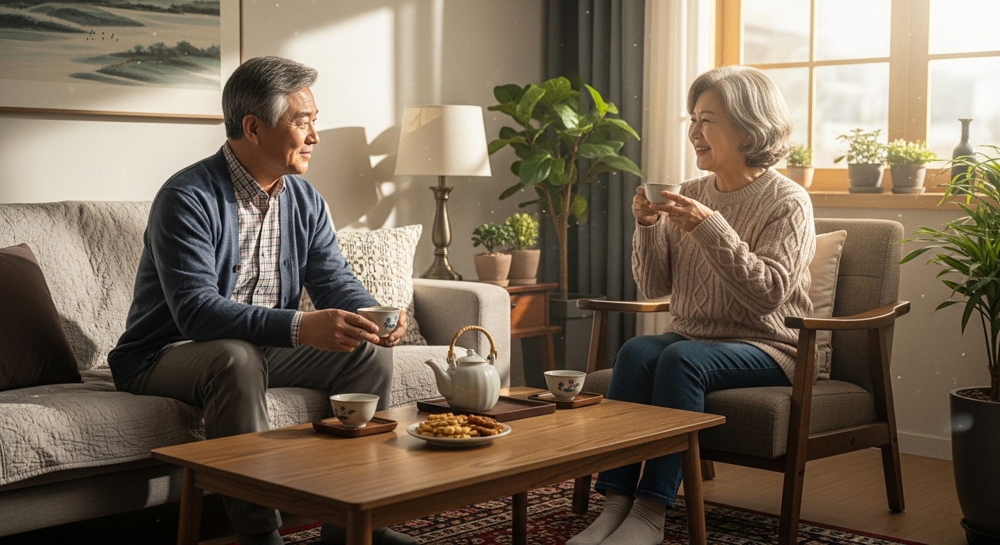 60세 부부가 집 거실에서 편안하게 대화하며 미소 짓는 모습