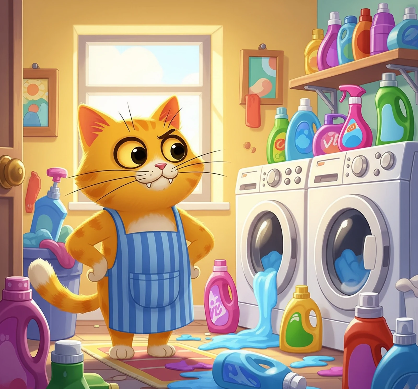 세탁실 정리를 고민 중인 고양이 그림, Illustration of a cat thinking about organizing the laundry room