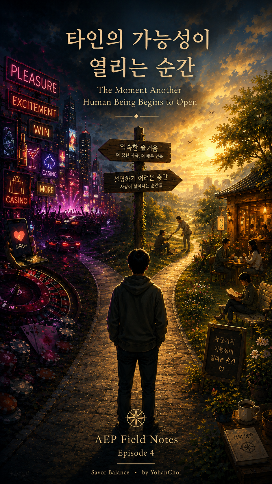 A symbolic illustration for AEP Field Notes Episode 4, "The Moment Another Human Being Begins to Open." A person stands at a crossroads between a neon city representing pleasure, excitement, consumption, and instant gratification, and a warm landscape symbolizing human connection, personal growth, discovery, compassion, and meaningful fulfillment. Signposts contrast familiar pleasure with the quiet fulfillment of witnessing another person's potential unfold. The image explores intrinsic motivation, human flourishing, emotional fulfillment, possibility, and Human Coordinates within the AEP Field Notes philosophy.