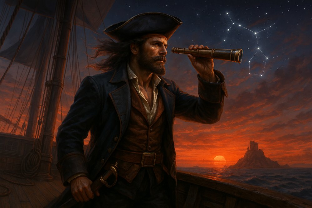 짙은 석양이 내려앉은 바다 위, 항해 중인 배 위에서 선장이 망원경을 들고 수평선을 응시하고 있다. 고요한 풍경과 별자리, 날리는 바람이 긴 여정을 암시한다.