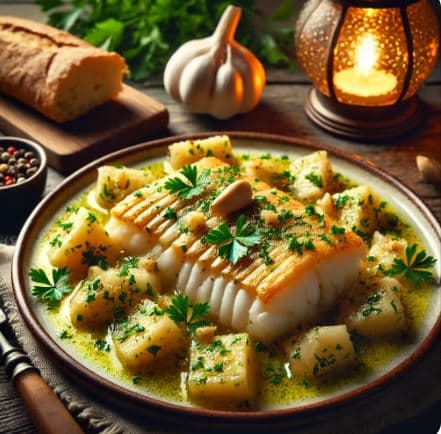 칠레의 바칼라오 알 아히요(Bacalao al Ajo) - 봄철에 잡은 신선한 대구를 마늘 소스로 조리한 요리