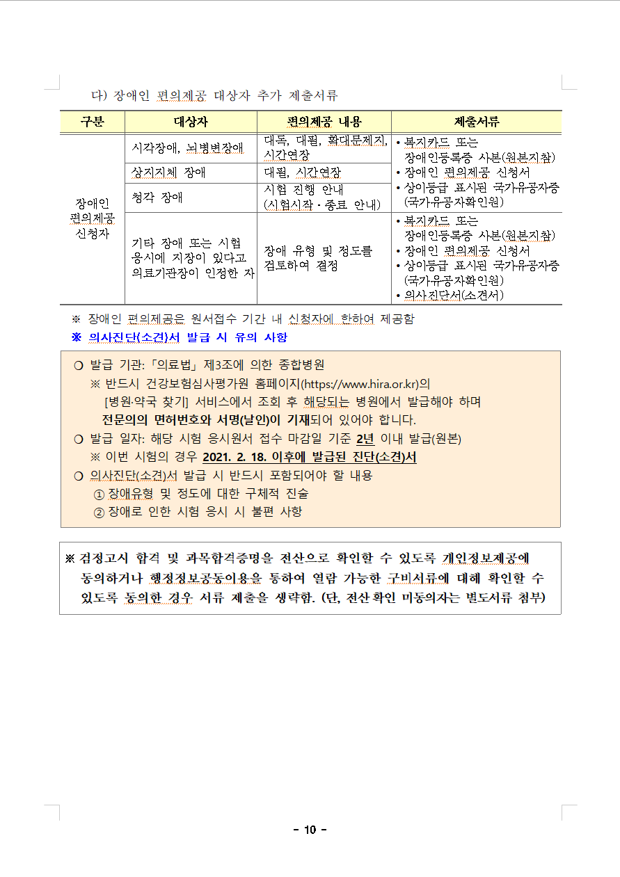 장애인 편의제공 대상자 추가 제출서류