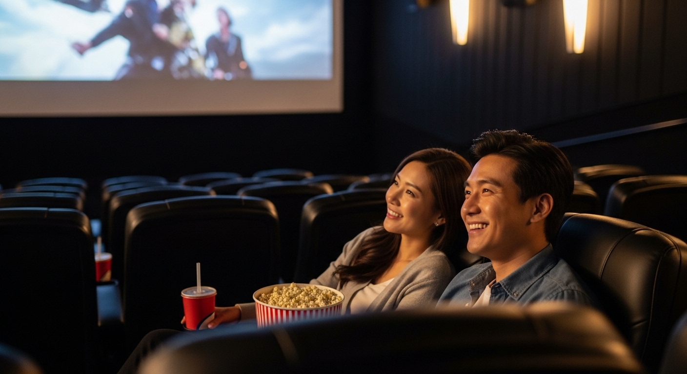 따뜻한 조명 아래 커플이 팝콘과 음료를 들고 즐겁게 영화를 관람하는 모습. 영화관의 편안하고 설레는 분위기가 잘 드러납니다.
