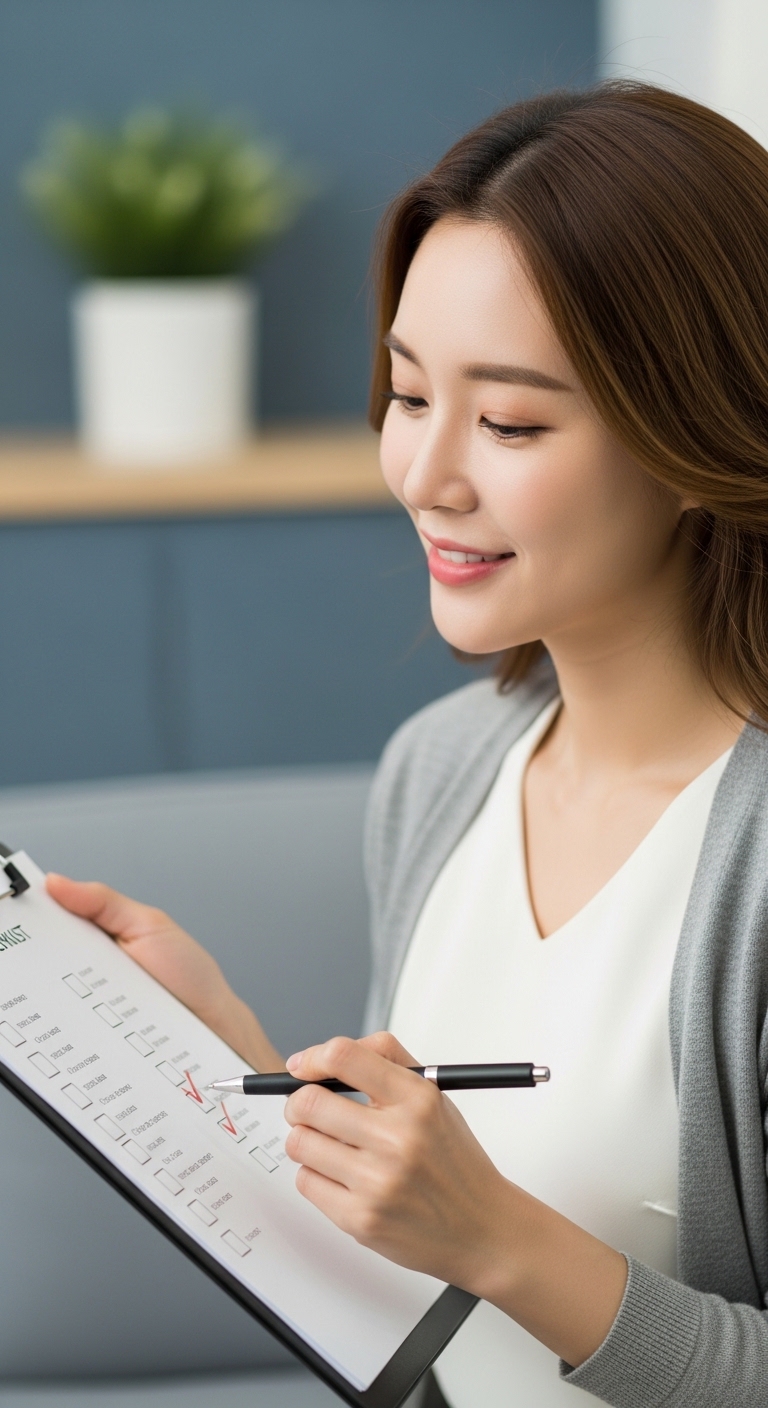 체크리스트를 확인하며 만족해하는 이미지