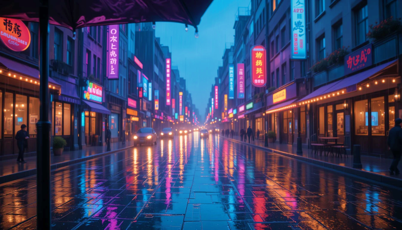 황혼의 비 내리는 도시 거리, 젖은 보도에 반사된 네온 불빛, 우산 위로 떨어지는 빗방울, 비의 상쾌한 흙 냄새, 피부에 닿는 차가운 빗방울, 근처 카페의 커피 향, 파스텔 블루와 퍼플 톤, 고해상도 4K, 독창적 구성.