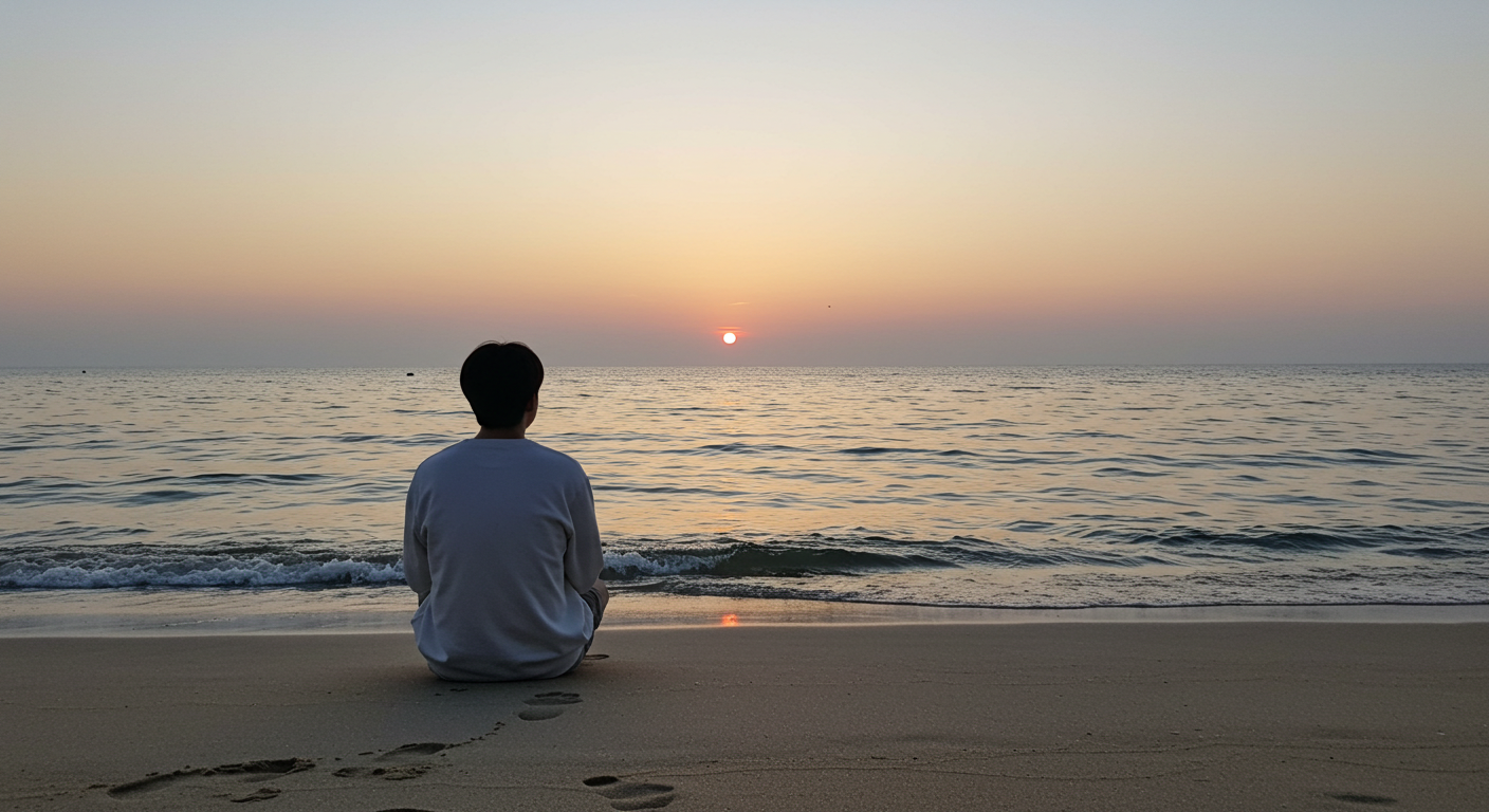 강원도 해변에서 파도 소리를 들으며 휴식을 취하는 모습