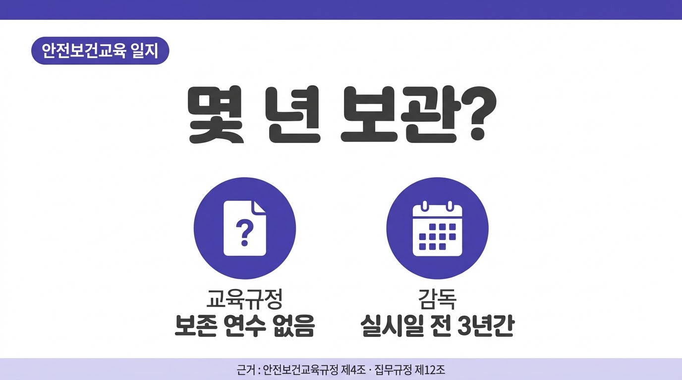 안전보건교육 일지의 보존 연수는 교육규정에 없고 감독은 실시일 전 3년간을 대상으로 한다는 점을 정리한 썸네일