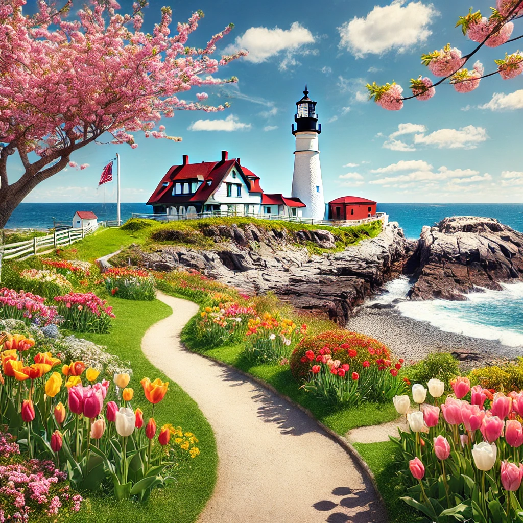 뉴잉글랜드 등대와 봄의 풍경