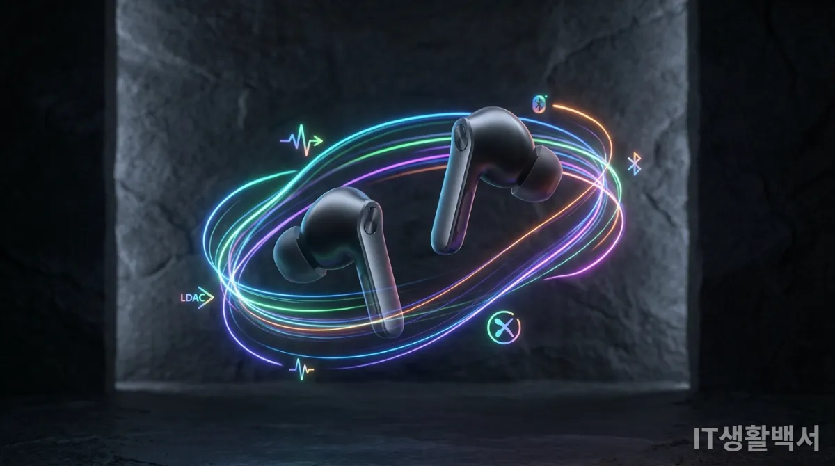 고음질 블루투스 코덱을 시각적으로 표현한 무선 이어폰 이미지