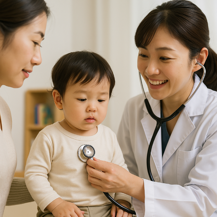 아이와 함께 영유아 검진을 받고 있는 엄마의 모습