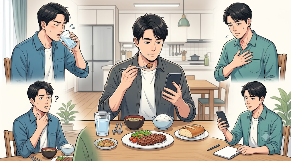 진료 전 다양한 식사 상황에서 자신의 삼킴 증상과 특징을 기록하고 관찰하는 환자의 메디컬 일러스트