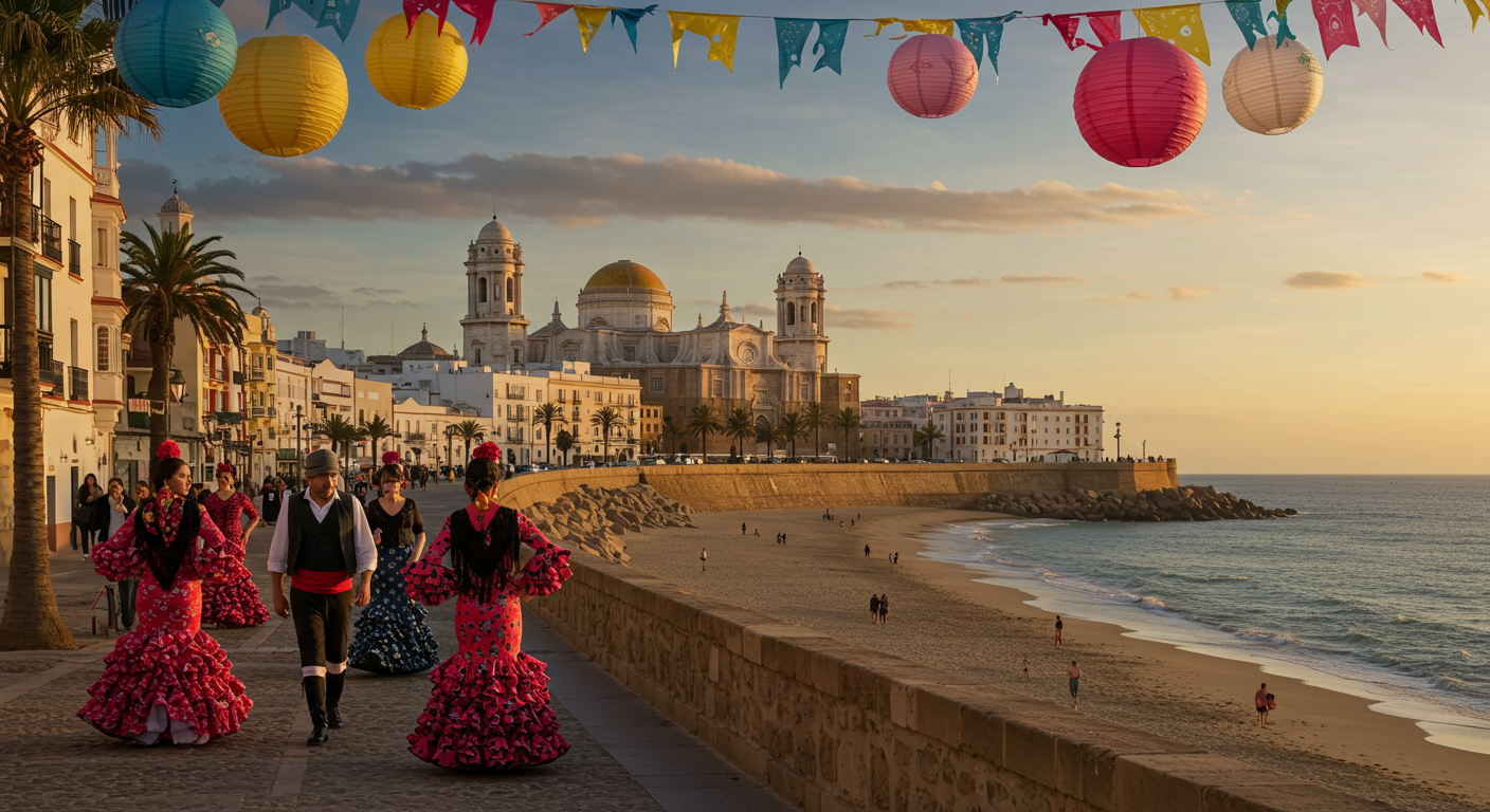 황금빛 대서양 해변, 멀리 보이는 카디스 대성당