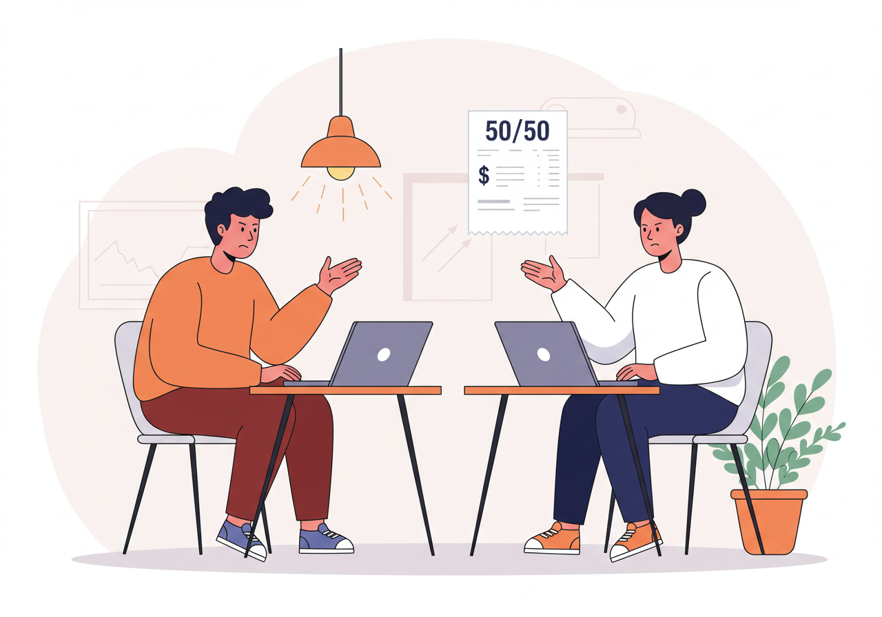 친구와 함께 산 물건의 소유권을 두고 다투는 모습