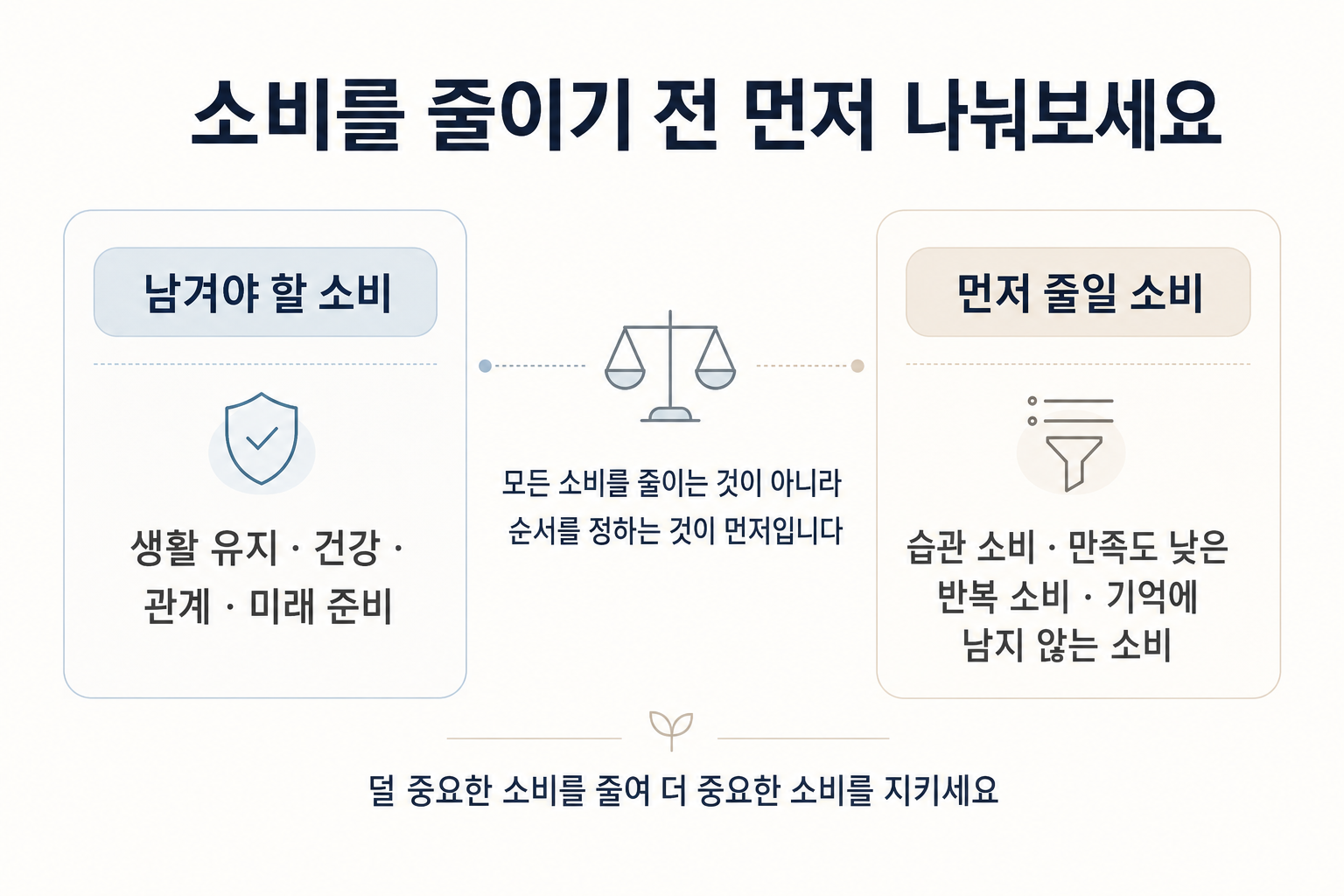 소비를 줄이는 가장 현실적인 방법 지출 역할 분류 만족도 낮은 반복 소비 줄이기 우선순위 체크리스트 이미지