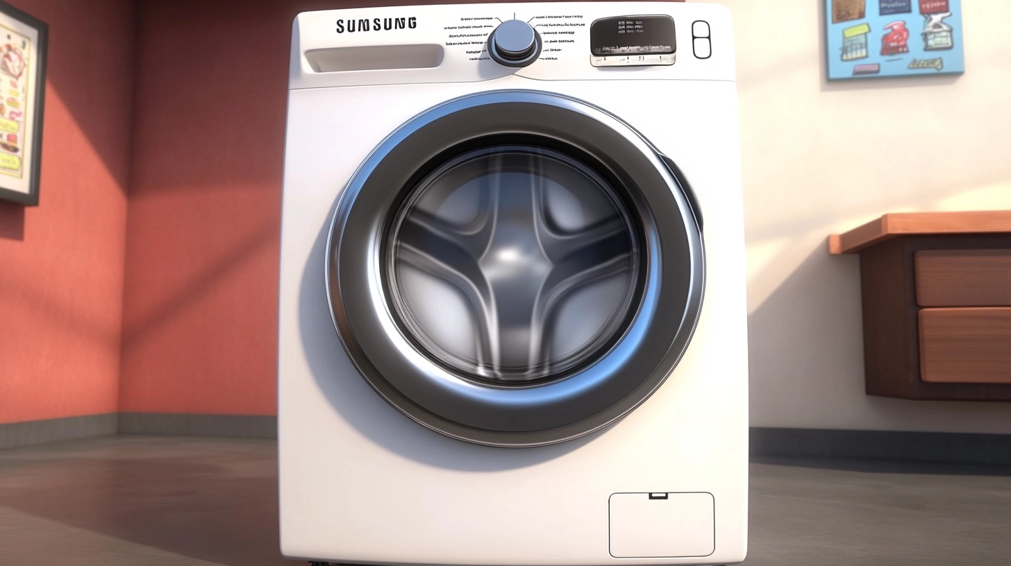 모던한 미니멀리스트 아파트에 배치된 세련된 삼성 세탁기. 정돈된 주거 공간과 조화를 이루는 따뜻한 톤의 고품질 디자인.