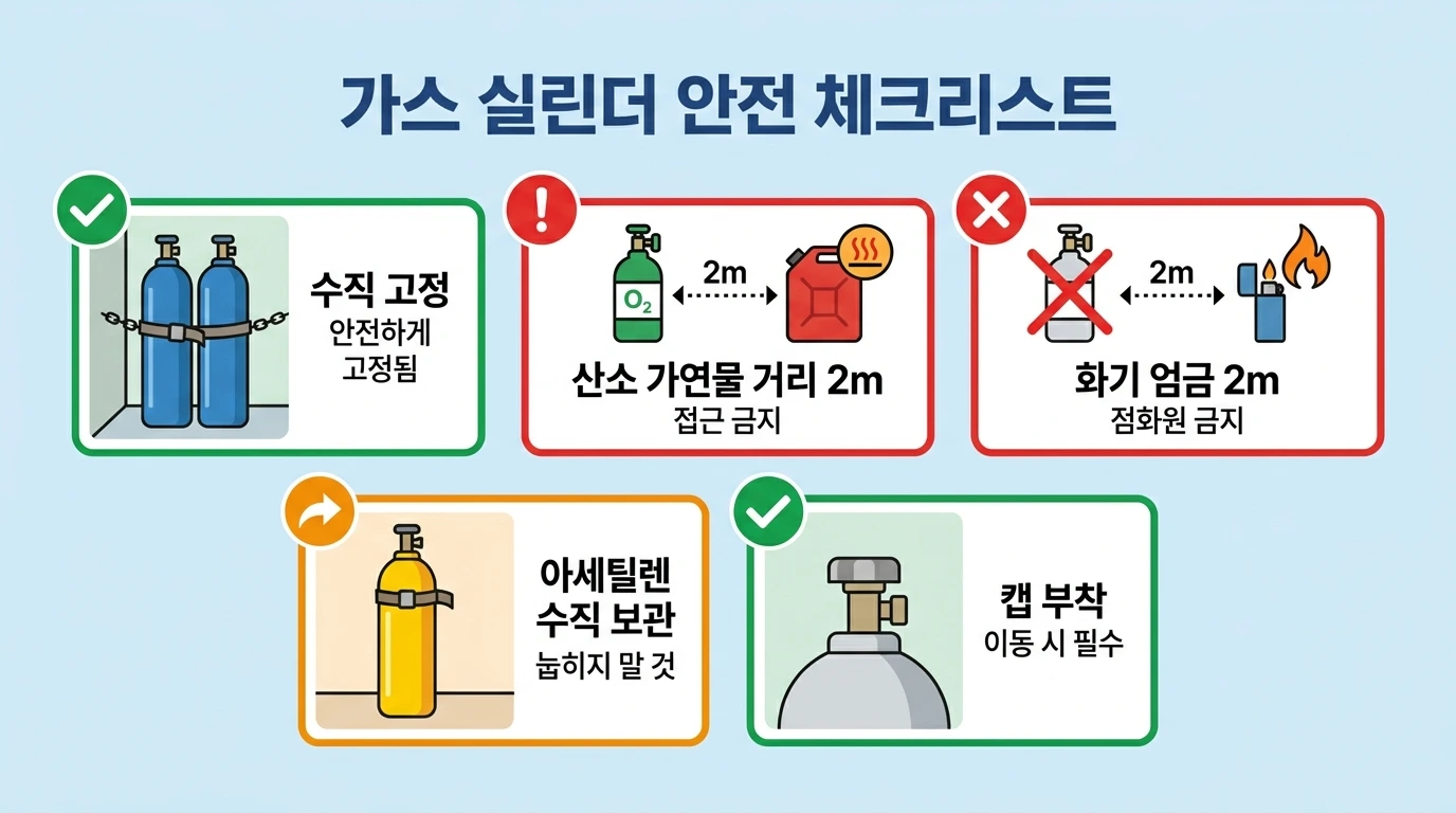 고압가스 용기 취급 핵심 체크리스트 &mdash; 보관&middot;거리&middot;화기금지&middot;운반 기준