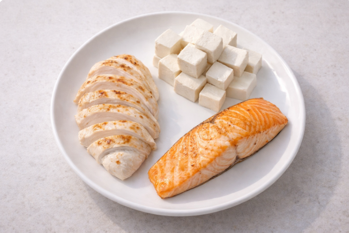 접시에 담긴 구운 닭가슴살, 깍둑 썬 두부, 구운 연어 — 대표적인 고단백 저지방 식단