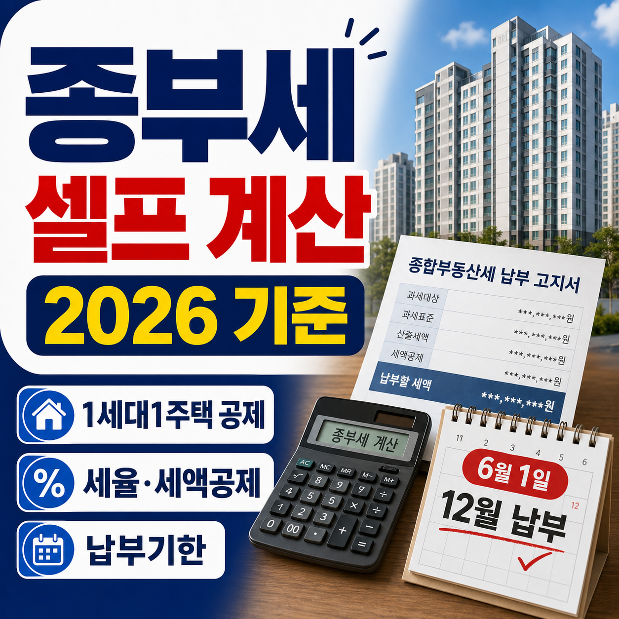 2026년 종합부동산세 계산방법과 1세대1주택 공제, 세율, 세액공제, 납부기한을 안내하는 블로그 썸네일