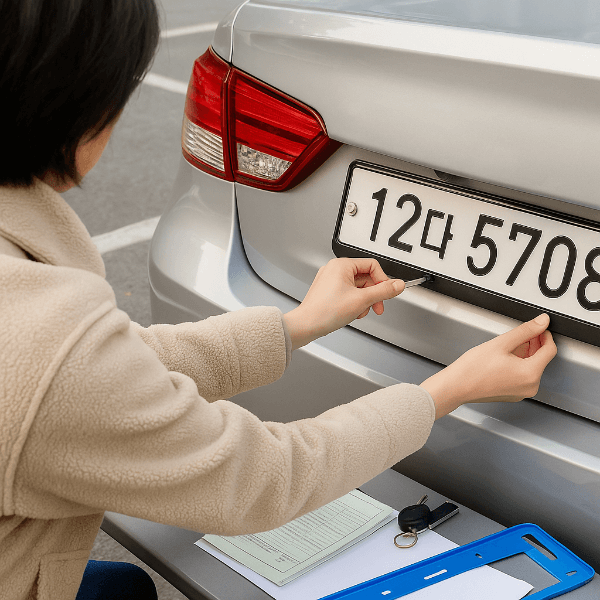 자동차 신규등록 절차를 상징하는 한국 차량 번호판 부착 장면