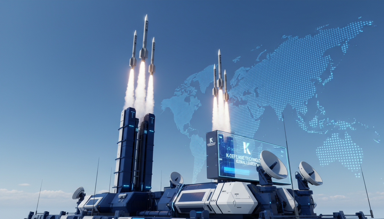 첨단 기술이 적용된 한국형 미사일 방어 체계 천궁-II 미사일이 푸른 하늘로 발사되는 모습, K-방산의 기술력과 글로벌 리더십을 상징.