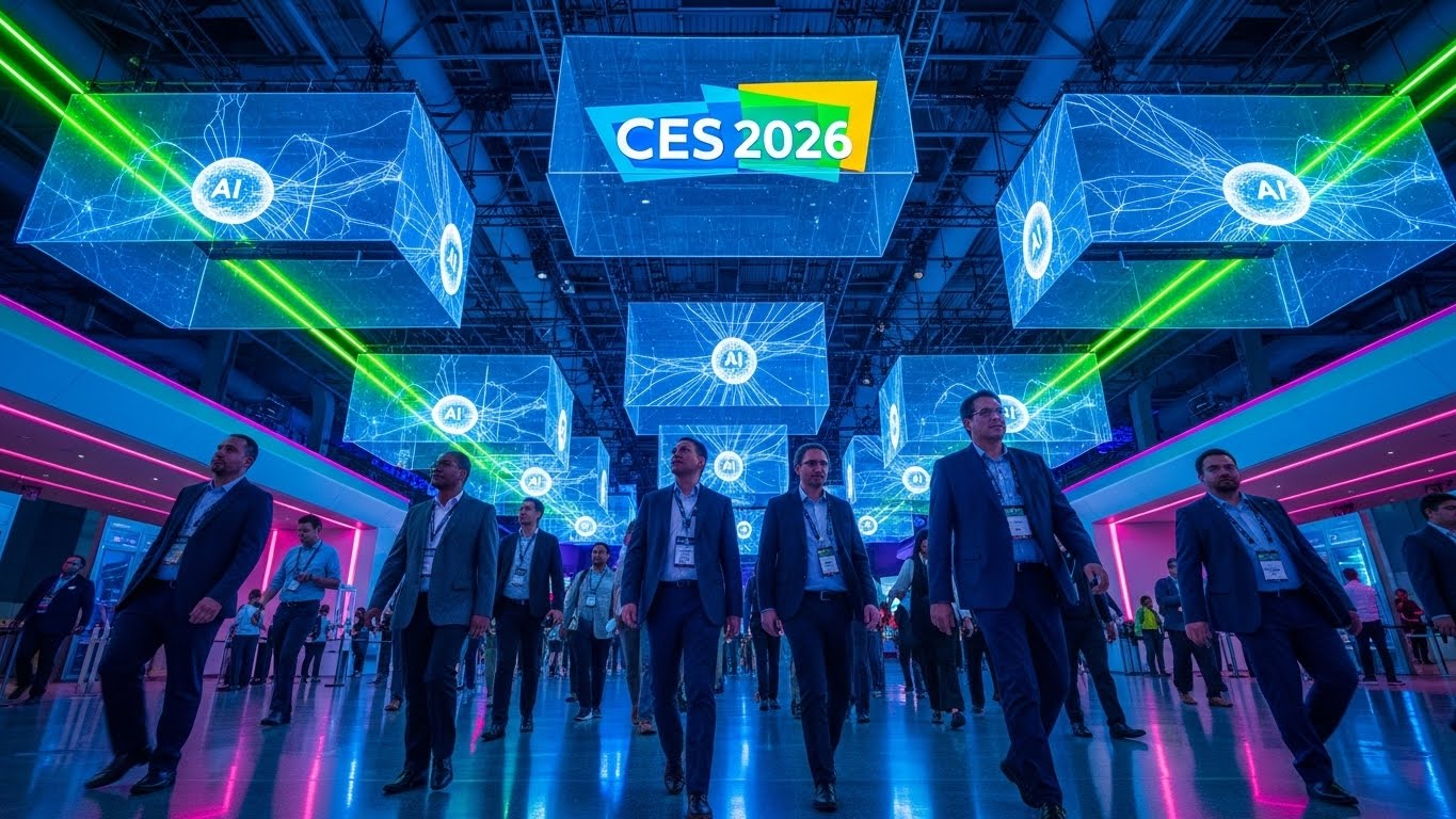 CES 2026 라스베이거스 전시장 입구에서 미래 기술을 관람하는 전 세계 테크 전문가들의 모습
