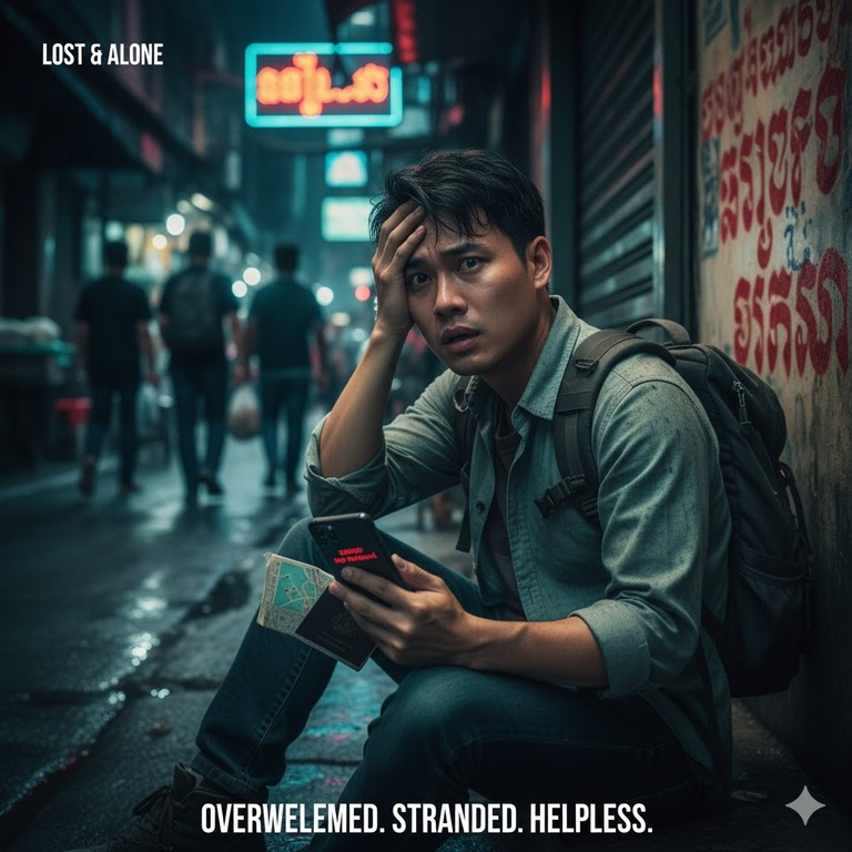 위기에 처한 여행객의 불안한 모습