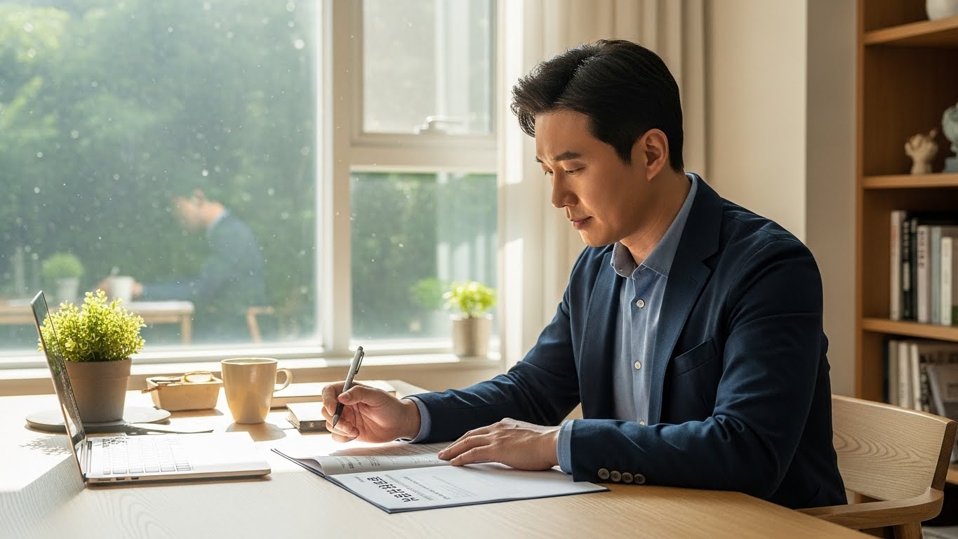 서재에서 국민연금 추후납부 제도를 활용하기 위해 자신의 가입 이력을 정밀하게 분석하는 한국인 전문가