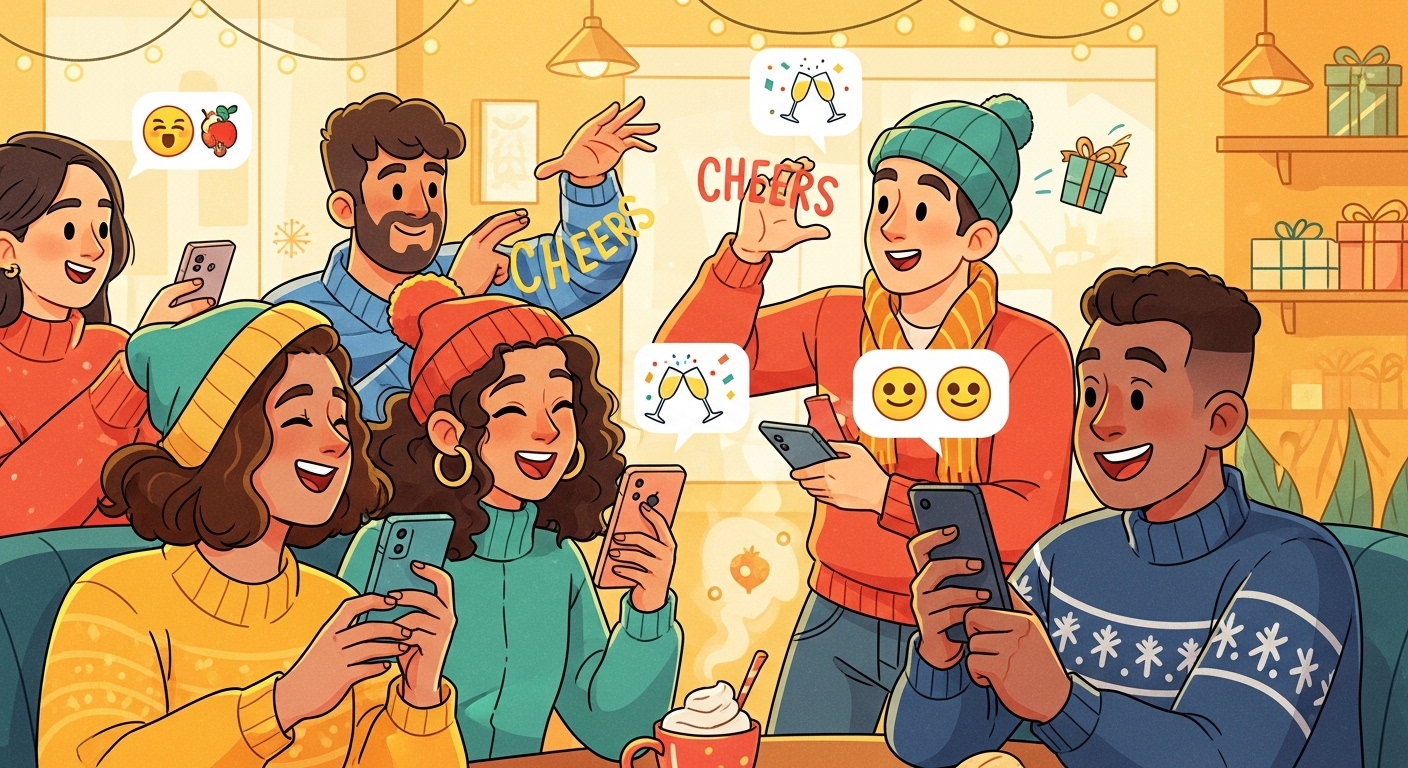 친구들과 즐겁게 카카오톡으로 연말 인사를 주고받는 활기찬 모습의 일러스트.