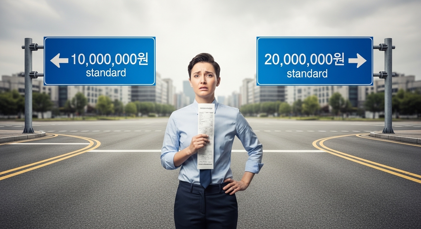 1,000만 원과 2,000만 원이 적힌 갈림길 앞에서 건보료 고지서를 들고 고민하는 사람